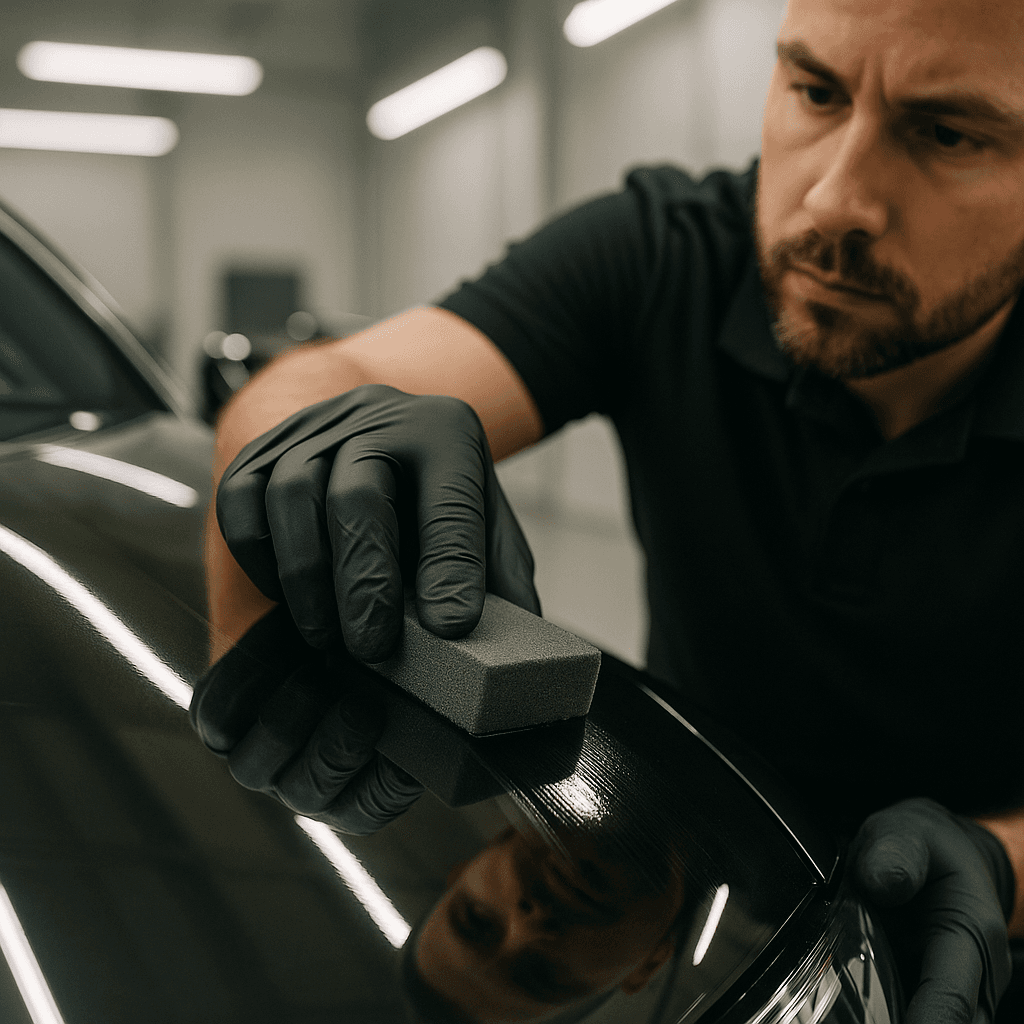 Formula 1051 being wiped onto a panel by hand, one section at a time
