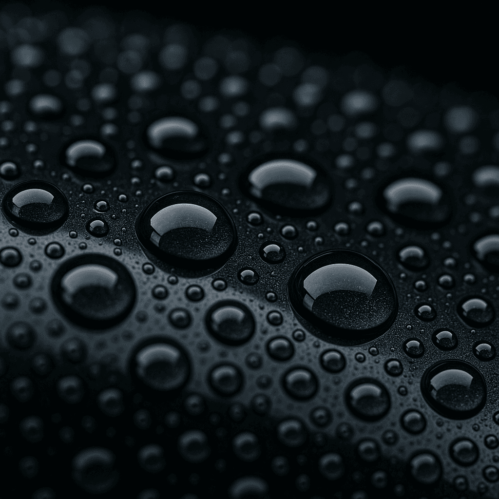 Water beading tightly on a coated panel, the hydrophobic surface holding each drop off the paint